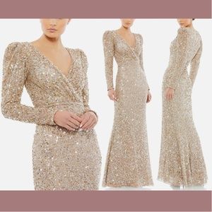 NWT $498 Mac Duggal [ 8 ] V Neck Puff Shoulder‎ Sequined Surplice Gown Gold